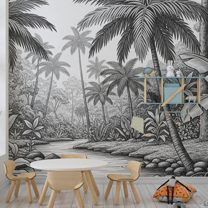 Papier peint chambre enfant | Jungle monochrome avec palmiers et ruisseau