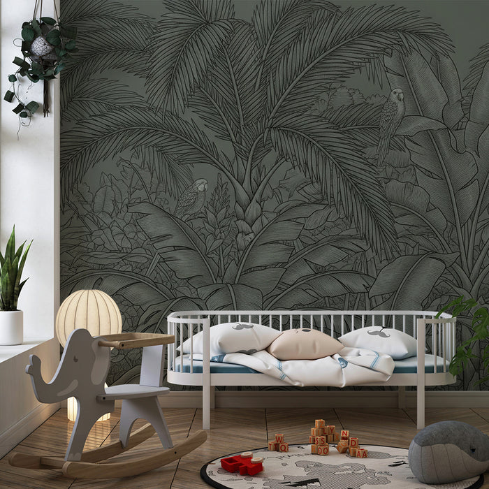 Tapet za detska staia | Mysterious jungle with foliage and exotic birds