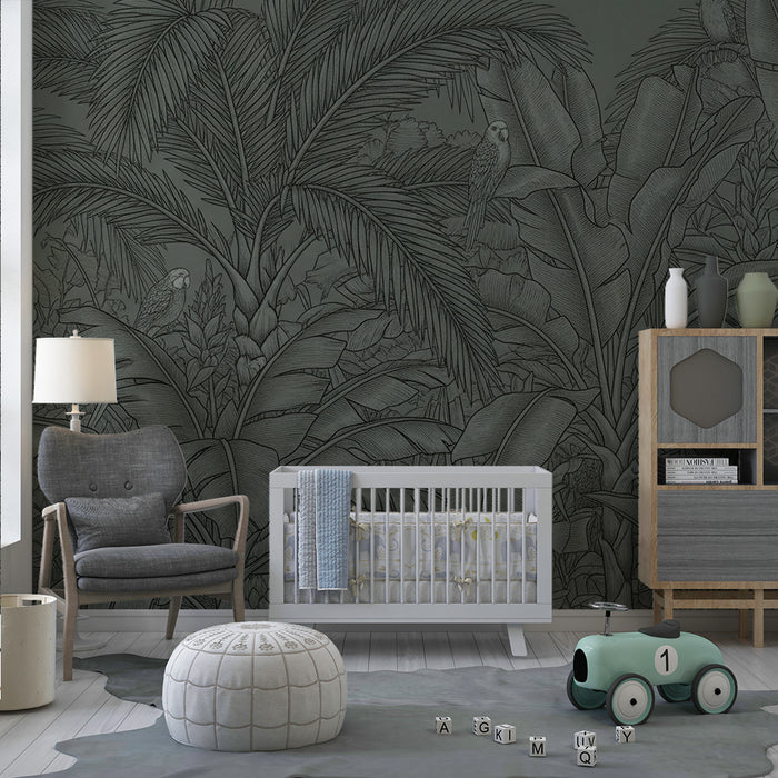 Tapet za detska staia | Mysterious jungle with foliage and exotic birds