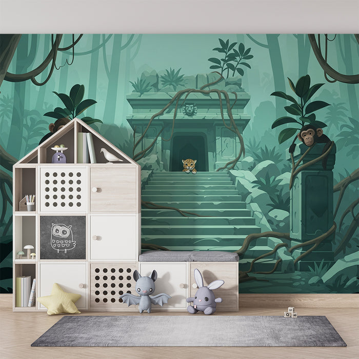 Barntapet | Mystisk djungel med apor och leopard