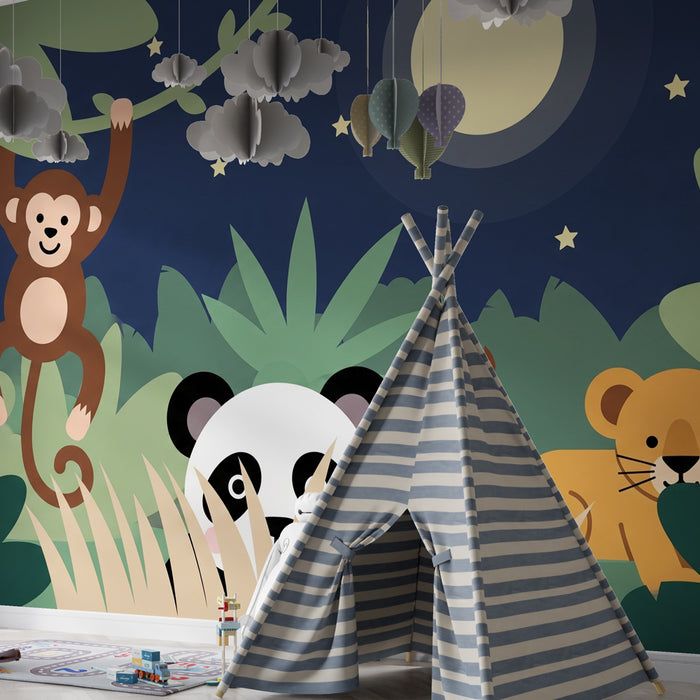 Papier peint chambre enfant | Jungle nocturne avec animaux adorables