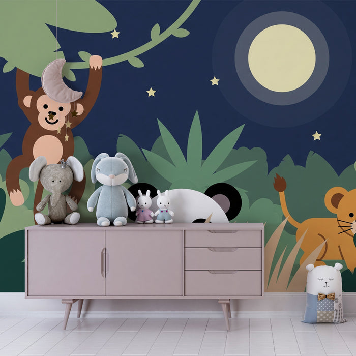 Papier peint chambre enfant | Jungle nocturne avec animaux adorables