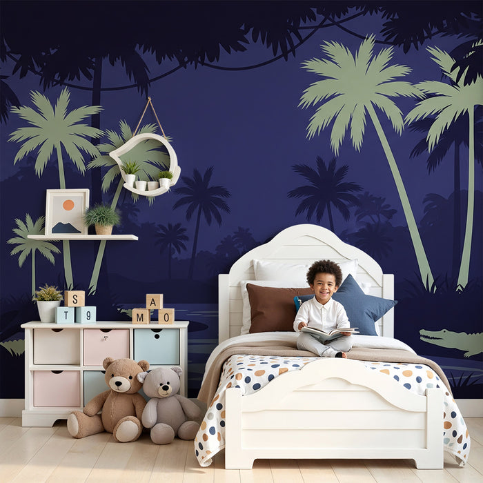 Gyermekszoba tapéta | Éjszakai dzsungel krokodilokkal