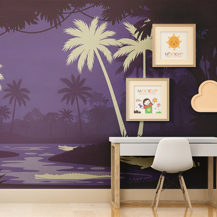 Gyermekszoba tapéta | Éjszakai dzsungel krokodilokkal