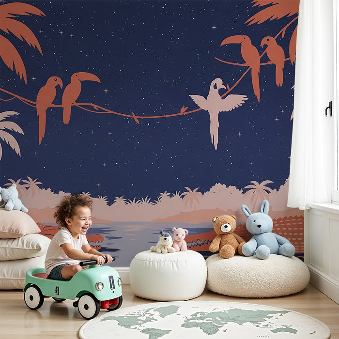 Børneværelse tapet | Natjungle med krokodiller og papegøjer