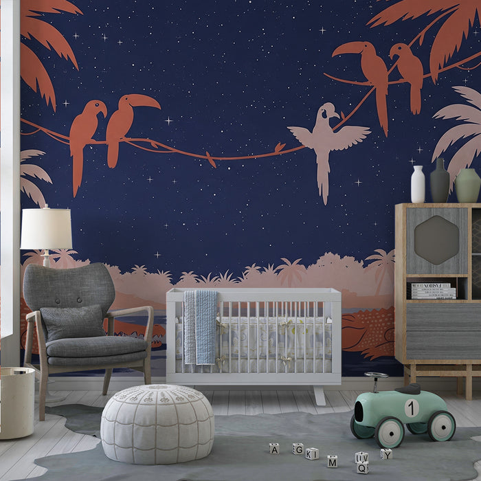 Børneværelse tapet | Natjungle med krokodiller og papegøjer