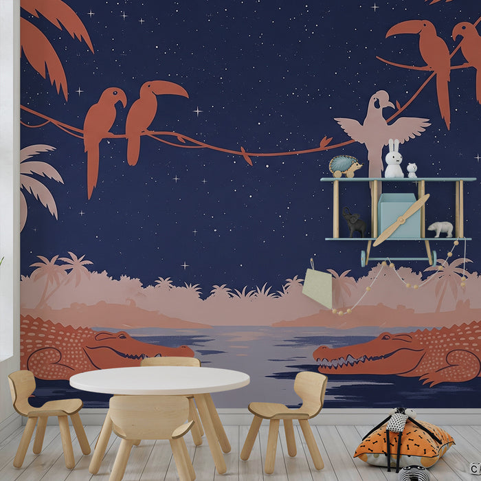Børneværelse tapet | Natjungle med krokodiller og papegøjer