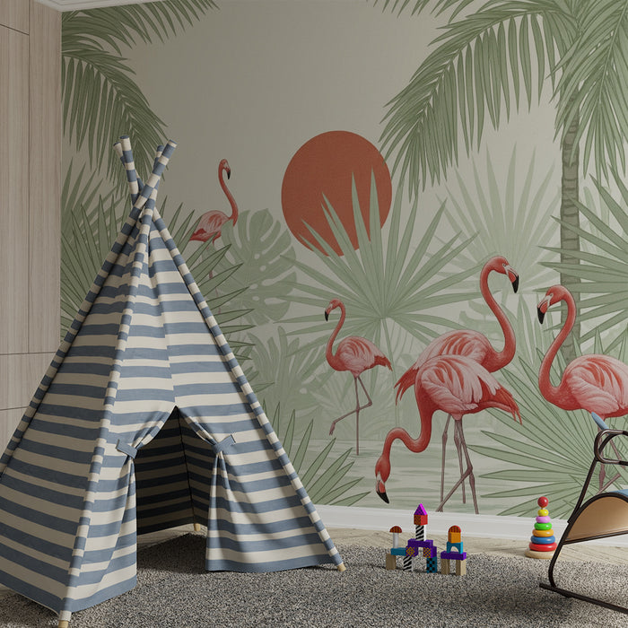 Lastenhuoneen tapetti | Trooppinen viidakko flamingojen ja leopardien kanssa