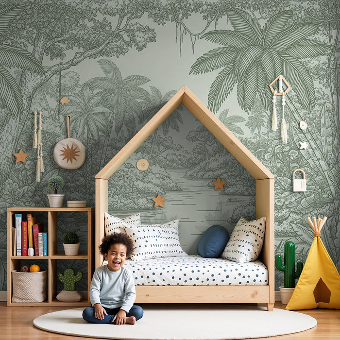 Children's bedroom wallpaper | Tropical jungle with palm trees and lush vegetation