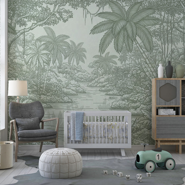 Children's bedroom wallpaper | Tropical jungle with palm trees and lush vegetation