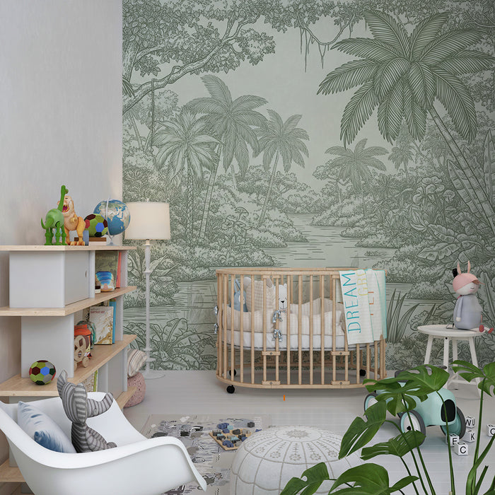 Children's bedroom wallpaper | Tropical jungle with palm trees and lush vegetation