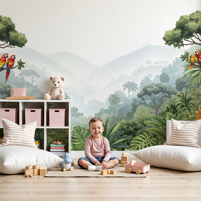Papel de parede criança | Selva tropical com papagaios coloridos e folhagem exuberante