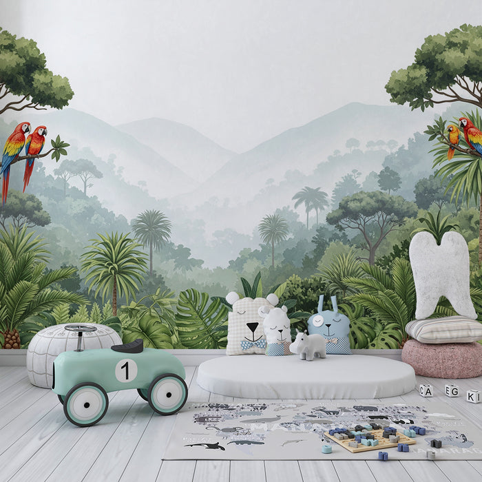 Papel de parede criança | Selva tropical com papagaios coloridos e folhagem exuberante