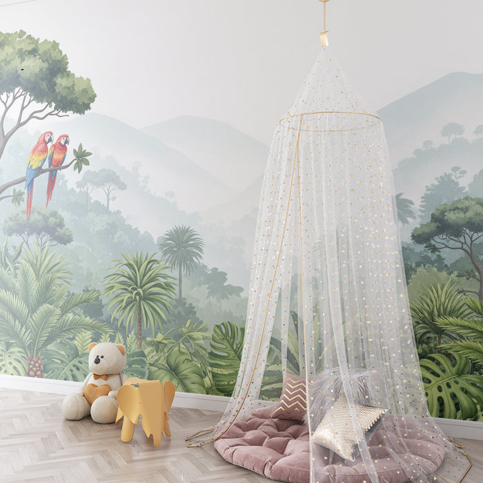 Papel de parede criança | Selva tropical com papagaios coloridos e folhagem exuberante