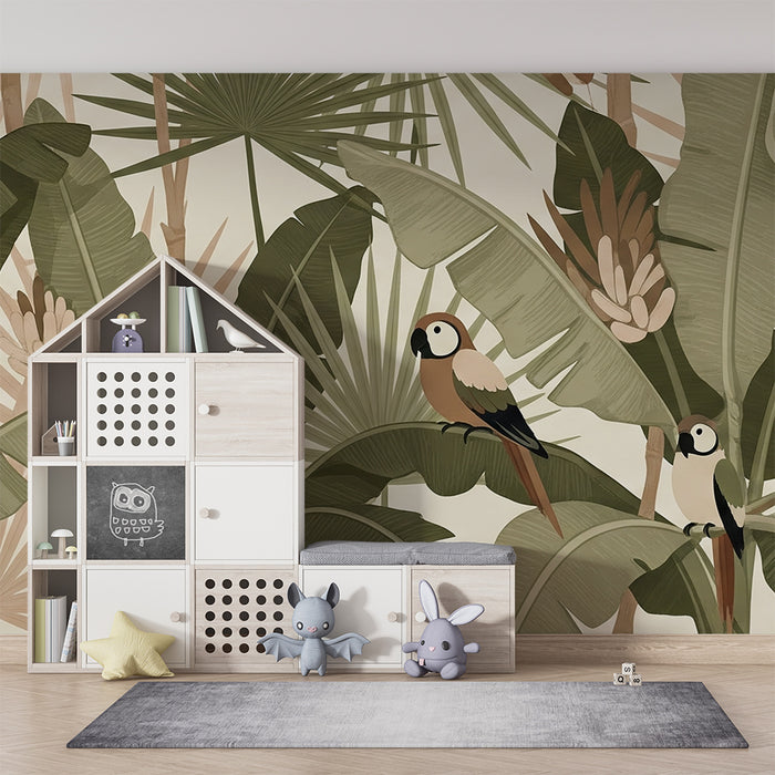 Barn tapet | Tropisk djungel med papegojor och tätt bladverk