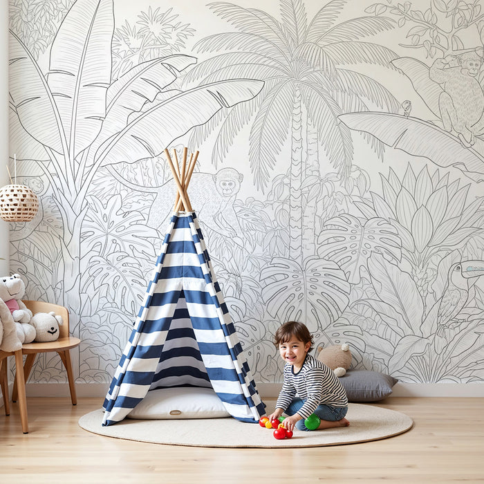 Tapeta dětského pokoje | Tropická džungle s opicemi a tukany k vybarvení