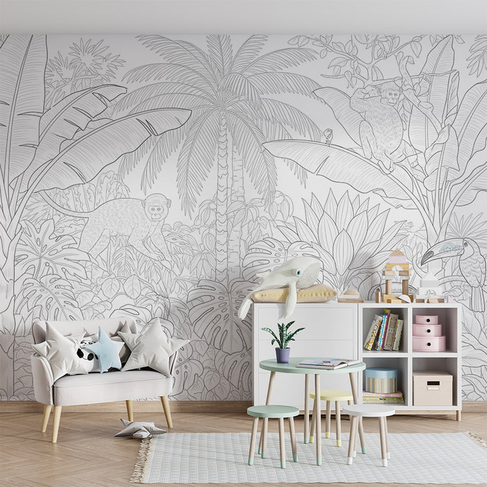 Tapeta dětského pokoje | Tropická džungle s opicemi a tukany k vybarvení