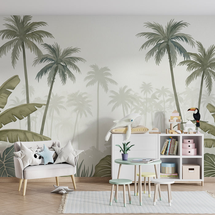 Papier peint chambre enfant | Jungle tropicale avec toucan et palmiers