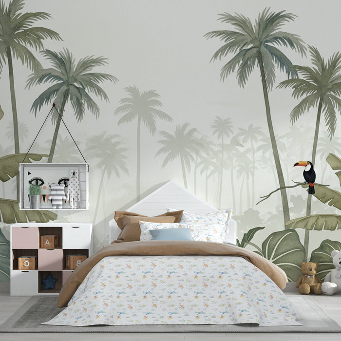 Papier peint chambre enfant | Jungle tropicale avec toucan et palmiers
