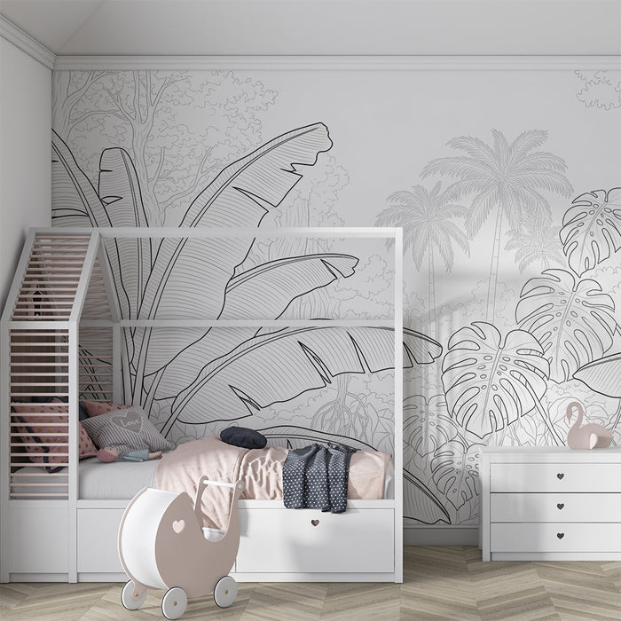 Gyerek szoba tapéta | Monokróm kontúrokban trópusi dzsungel