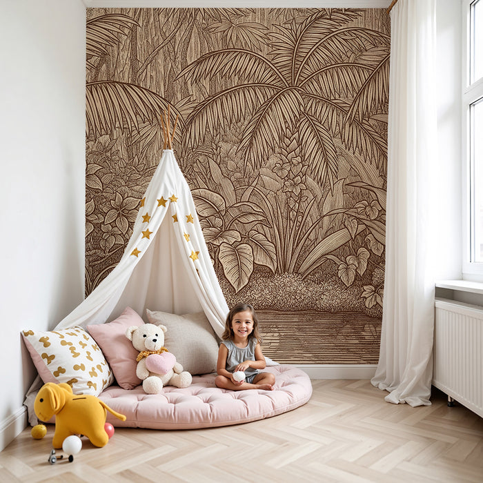 Papier peint chambre enfant | Jungle tropicale en nuances de beige et marron