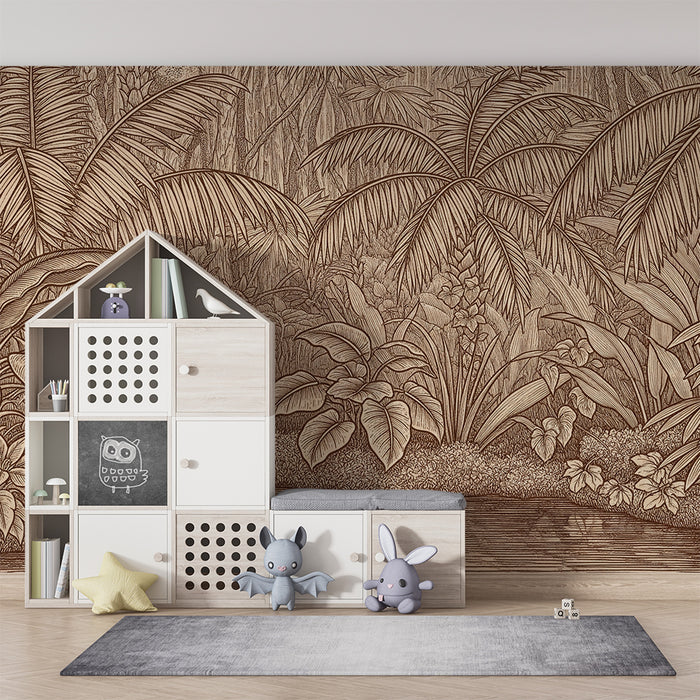 Papier peint chambre enfant | Jungle tropicale en nuances de beige et marron