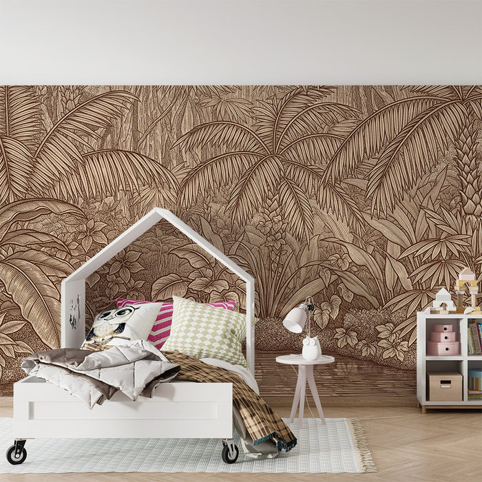Papier peint chambre enfant | Jungle tropicale en nuances de beige et marron