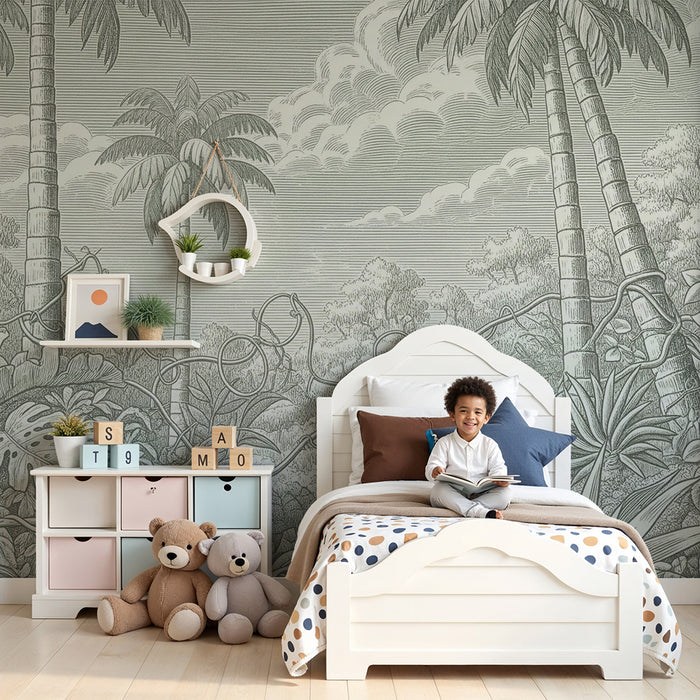 Papier peint chambre enfant | Jungle tropicale en nuances de vert et gris