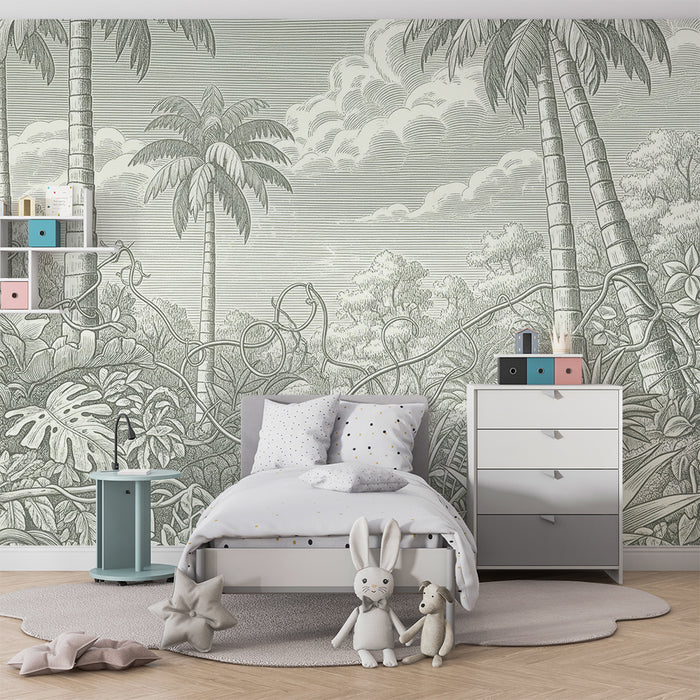 Papier peint chambre enfant | Jungle tropicale en nuances de vert et gris