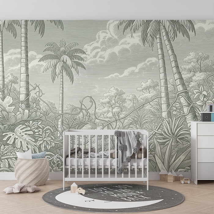 Papier peint chambre enfant | Jungle tropicale en nuances de vert et gris