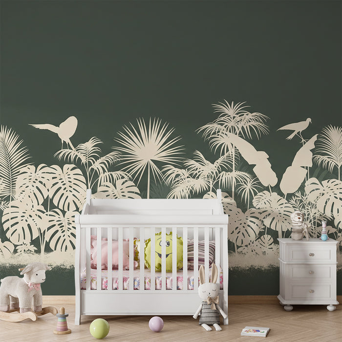 Lastenhuoneen tapetti | Trooppinen viidakkokuvio valkoisina siluetteina