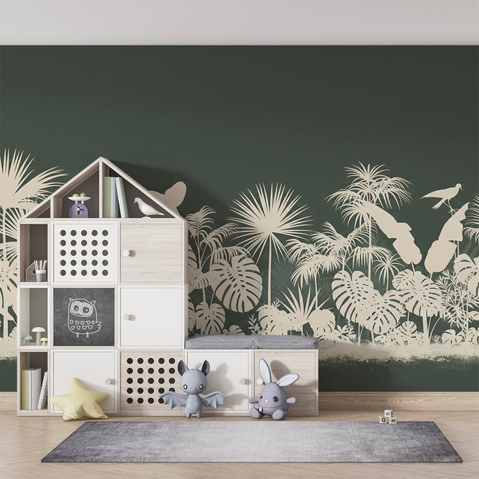 Lastenhuoneen tapetti | Trooppinen viidakkokuvio valkoisina siluetteina