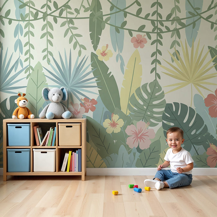 Papier peint chambre enfant | Jungle tropicale et fleurs exotiques