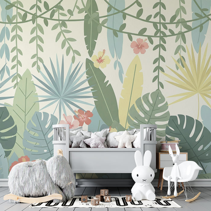 Papier peint chambre enfant | Jungle tropicale et fleurs exotiques