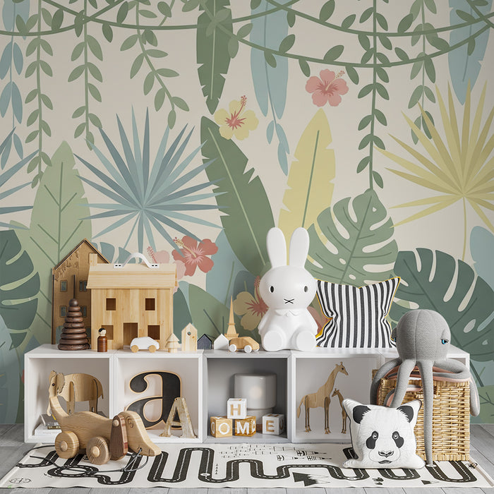 Papier peint chambre enfant | Jungle tropicale et fleurs exotiques
