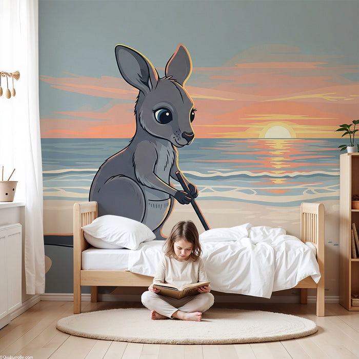 Kinderkamer behang | Kangoeroe tekenaar op het strand bij zonsondergang