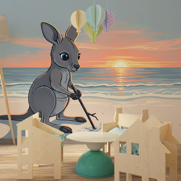 Kinderkamer behang | Kangoeroe tekenaar op het strand bij zonsondergang