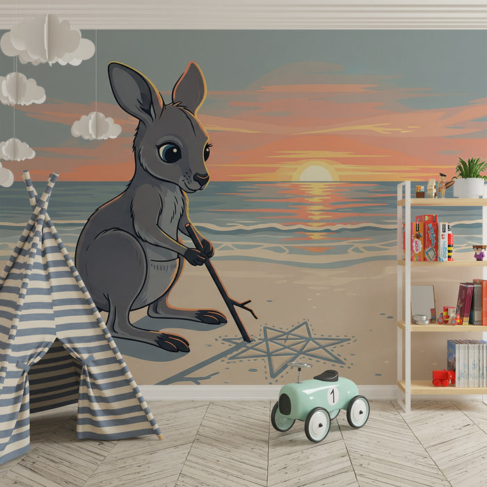 Kinderkamer behang | Kangoeroe tekenaar op het strand bij zonsondergang