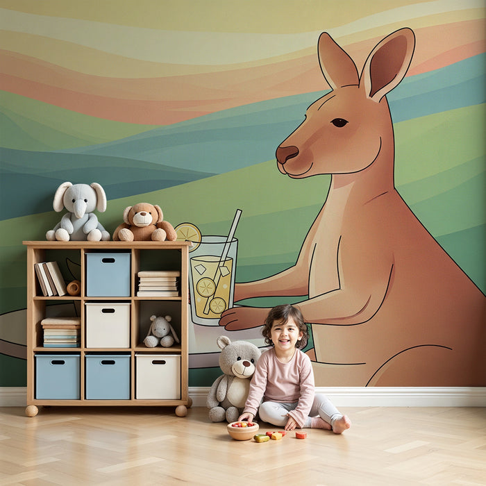 Kinderzimmer Tapete | Entspannter Känguru mit einem Glas Zitronenlimonade in einer bunten Landschaft