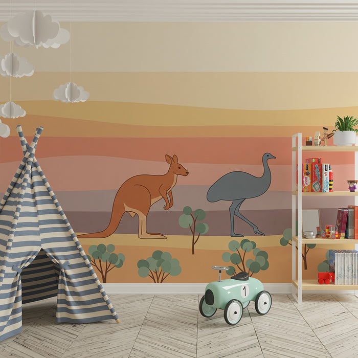 Barntapet | Känguru och emu i en pastellfärgad australisk landskap