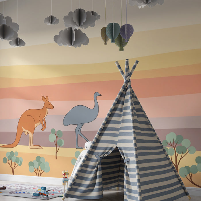 Barntapet | Känguru och emu i en pastellfärgad australisk landskap