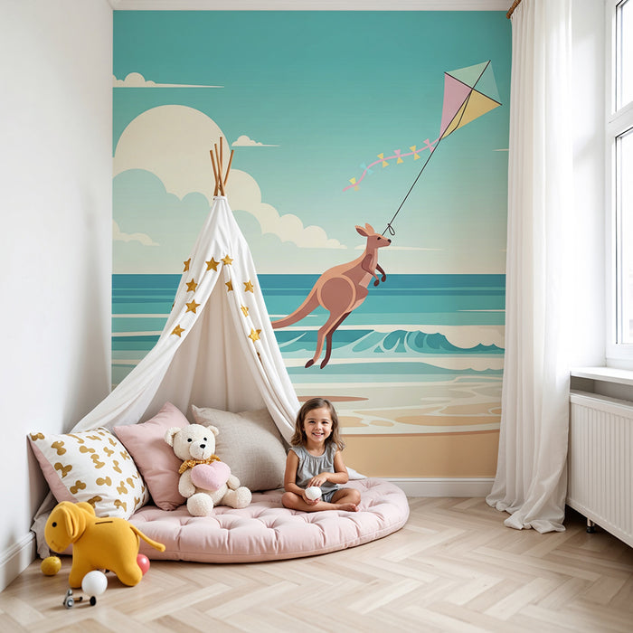 Papel pintado infantil | Canguro feliz con una cometa en la playa