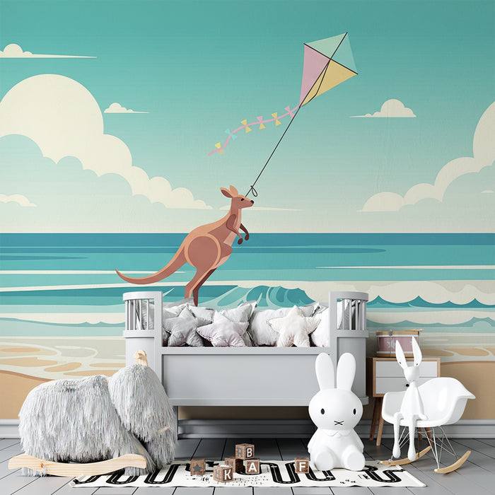 Papel pintado infantil | Canguro feliz con una cometa en la playa