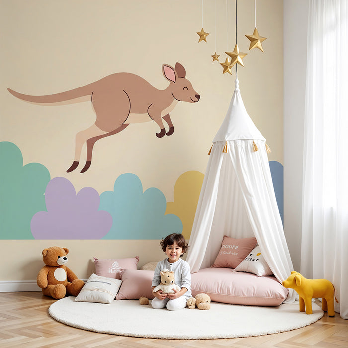 Kinderzimmer Tapete | Fröhlicher Känguru, der zwischen bunten Wolken springt
