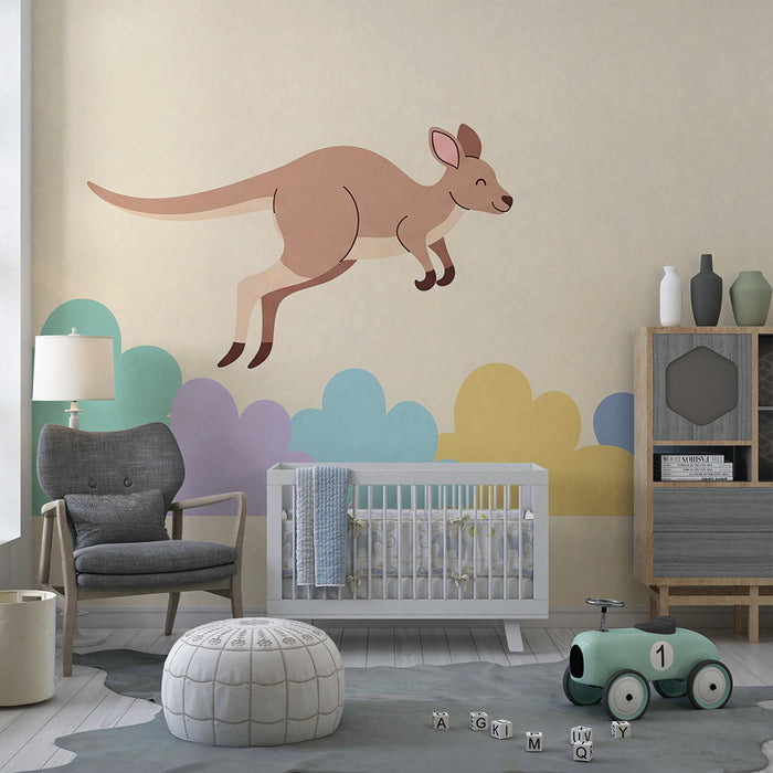 Kinderzimmer Tapete | Fröhlicher Känguru, der zwischen bunten Wolken springt