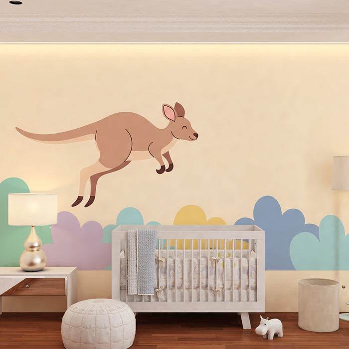Kinderzimmer Tapete | Fröhlicher Känguru, der zwischen bunten Wolken springt