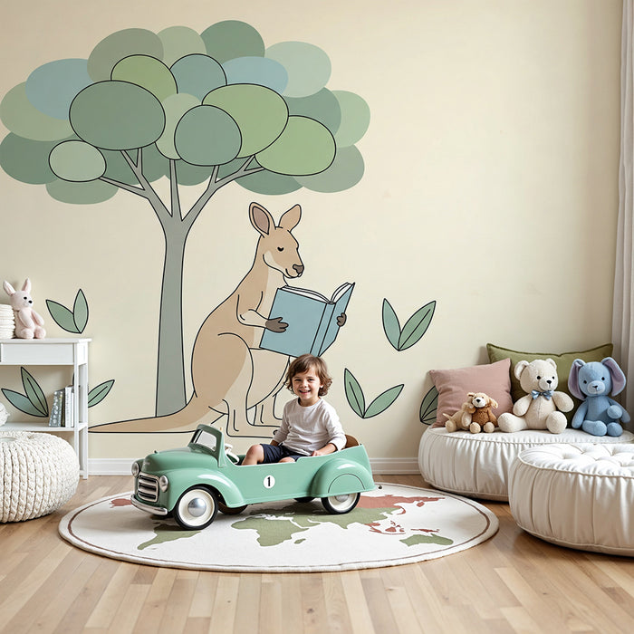 Kinderzimmer Tapete | Känguru Leser unter einem Baum