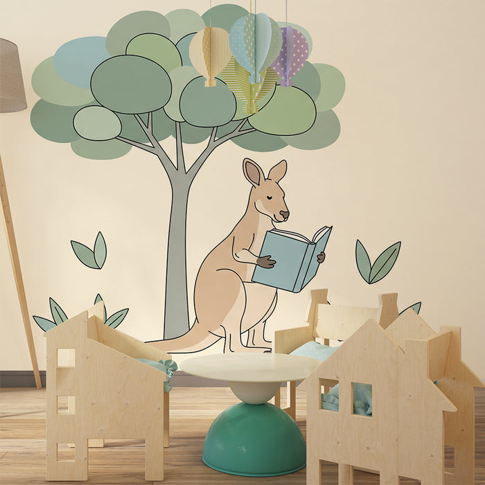 Kinderzimmer Tapete | Känguru Leser unter einem Baum