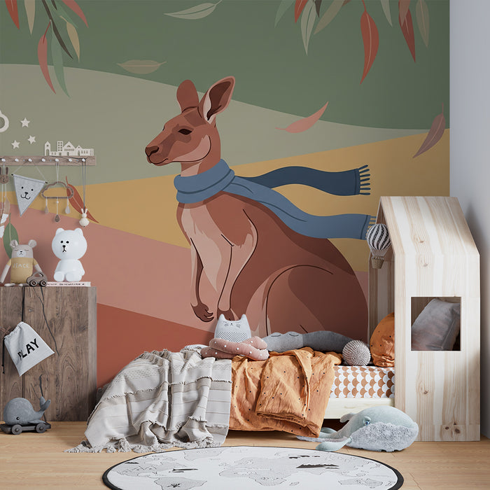Kinderzimmer Tapete | Stilisierter Känguru mit Schal in einer bunten Landschaft