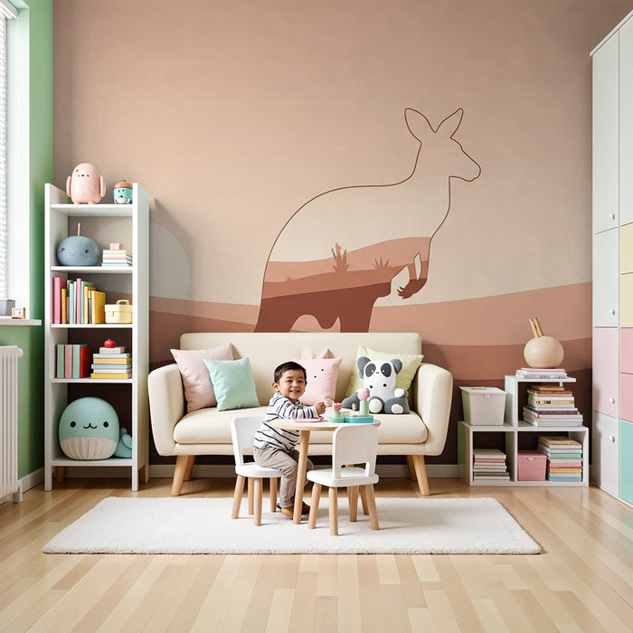 Kids room wallpaper | Stylized kangaroo in a soft-toned desert landscape